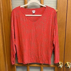 Chico's 4 Coral Touch of Cool Animal Patterned Long Sleeve V-Neck Top